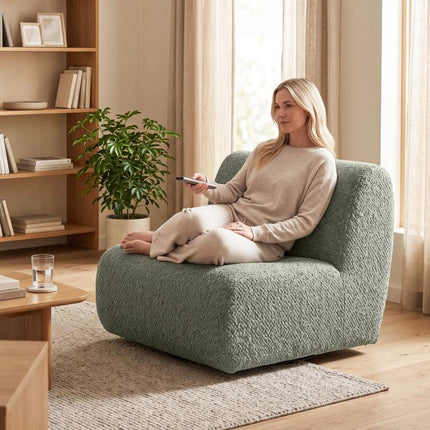 Swivel lounge chair with a chenille look and wide seat
