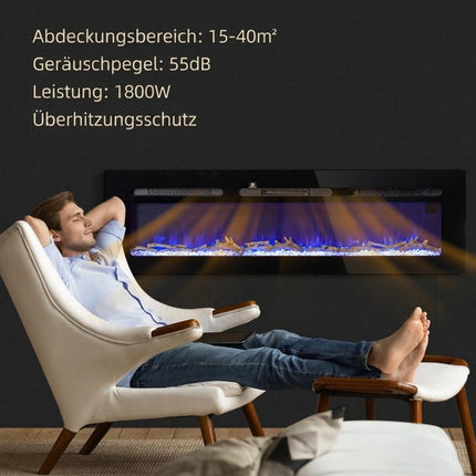 Electric Fireplace with Heater (1800 W), LED 3D Flame Effect, 152.4 cm, Black