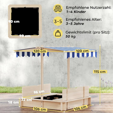 Sandkasten Kinder 106x106 cm H?henverstellbar Abdeckung Blau