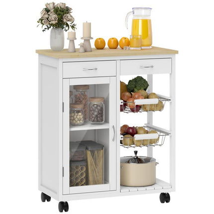 Bamboo Kitchen Trolley with 2 Drawers, Cabinet, Shelf, and 2 Steel Baskets, 67x35x80 cm, White