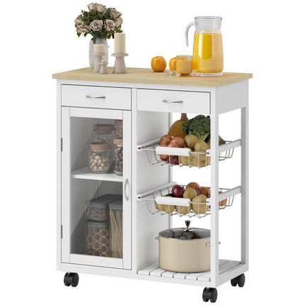 Bamboo Kitchen Trolley with 2 Drawers, Cabinet, Shelf, and 2 Steel Baskets, 67x35x80 cm, White