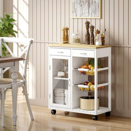 Bamboo Kitchen Trolley with 2 Drawers, Cabinet, Shelf, and 2 Steel Baskets, 67x35x80 cm, White