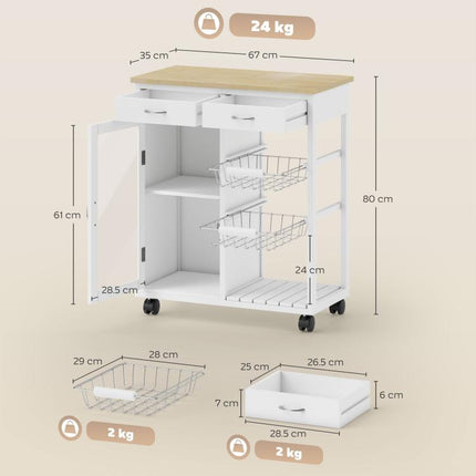 Bamboo Kitchen Trolley with 2 Drawers, Cabinet, Shelf, and 2 Steel Baskets, 67x35x80 cm, White