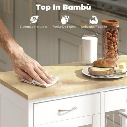 Bamboo Kitchen Trolley with 2 Drawers, Cabinet, Shelf, and 2 Steel Baskets, 67x35x80 cm, White