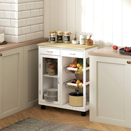Bamboo Kitchen Trolley with 2 Drawers, Cabinet, Shelf, and 2 Steel Baskets, 67x35x80 cm, White