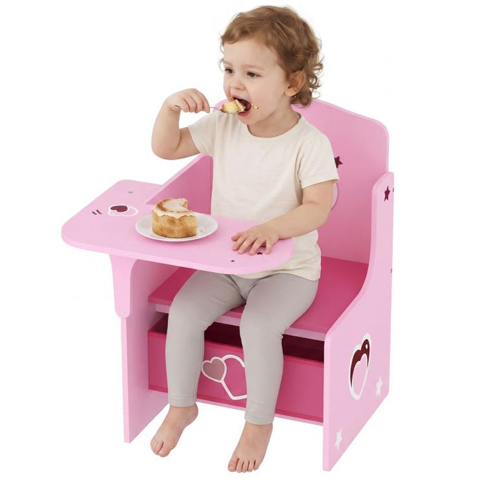 Set Tavolo e Sedia per Bambini 3-5 Anni in Legno MDF con Motivi a Cuore, Contenitore Integrato, Rosa
