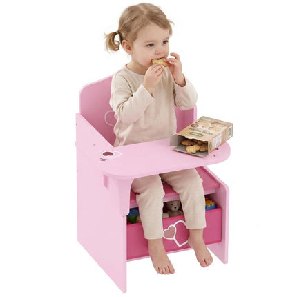 Set Tavolo e Sedia per Bambini 3-5 Anni in Legno MDF con Motivi a Cuore, Contenitore Integrato, Rosa