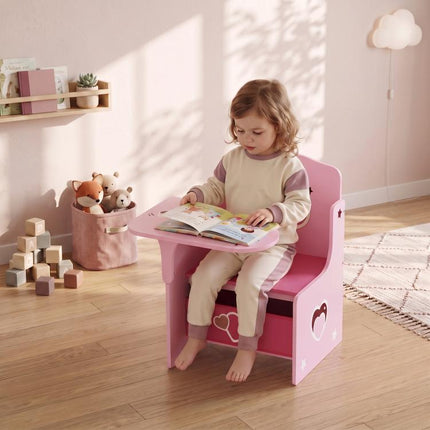 Set Tavolo e Sedia per Bambini 3-5 Anni in Legno MDF con Motivi a Cuore, Contenitore Integrato, Rosa