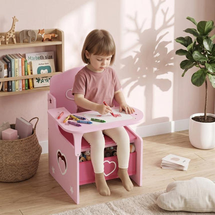 Set Tavolo e Sedia per Bambini 3-5 Anni in Legno MDF con Motivi a Cuore, Contenitore Integrato, Rosa