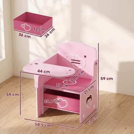 Set Tavolo e Sedia per Bambini 3-5 Anni in Legno MDF con Motivi a Cuore, Contenitore Integrato, Rosa