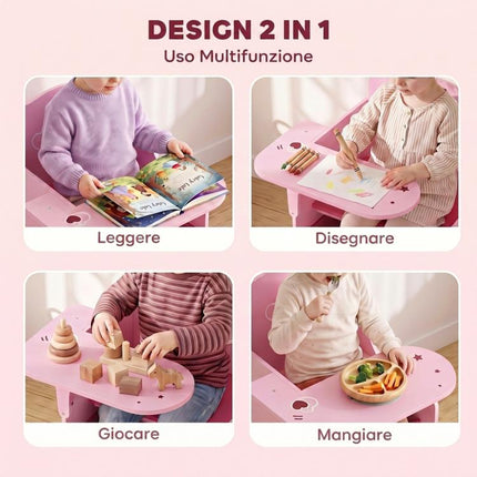 Set Tavolo e Sedia per Bambini 3-5 Anni in Legno MDF con Motivi a Cuore, Contenitore Integrato, Rosa
