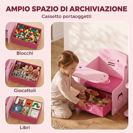 Set Tavolo e Sedia per Bambini 3-5 Anni in Legno MDF con Motivi a Cuore, Contenitore Integrato, Rosa