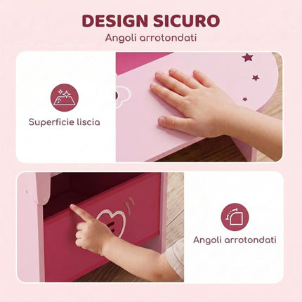 Set Tavolo e Sedia per Bambini 3-5 Anni in Legno MDF con Motivi a Cuore, Contenitore Integrato, Rosa