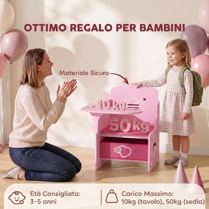 Set Tavolo e Sedia per Bambini 3-5 Anni in Legno MDF con Motivi a Cuore, Contenitore Integrato, Rosa