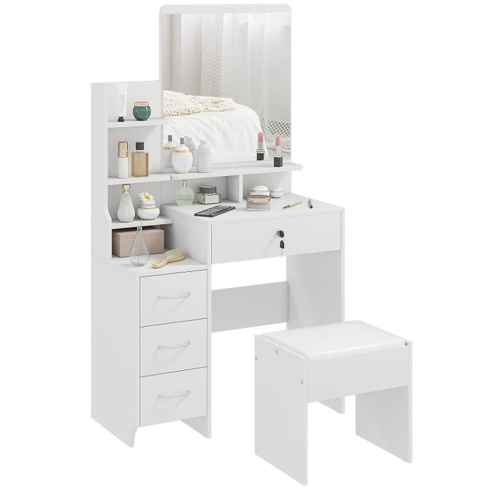 Makeup Vanity with Mirror, Dressing Table, Stool, 4 Drawers and 4 Shelves, White