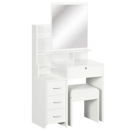 Makeup Vanity with Mirror, Dressing Table, Stool, 4 Drawers and 4 Shelves, White