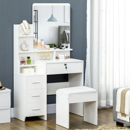 Makeup Vanity with Mirror, Dressing Table, Stool, 4 Drawers and 4 Shelves, White