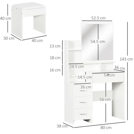 Makeup Vanity with Mirror, Dressing Table, Stool, 4 Drawers and 4 Shelves, White