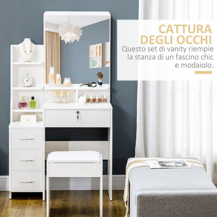 Makeup Vanity with Mirror, Dressing Table, Stool, 4 Drawers and 4 Shelves, White