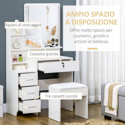 Makeup Vanity with Mirror, Dressing Table, Stool, 4 Drawers and 4 Shelves, White