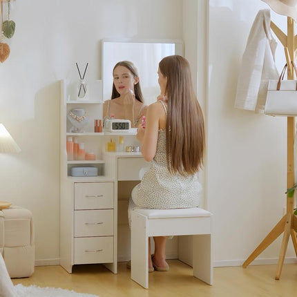 Makeup Vanity with Mirror, Dressing Table, Stool, 4 Drawers and 4 Shelves, White
