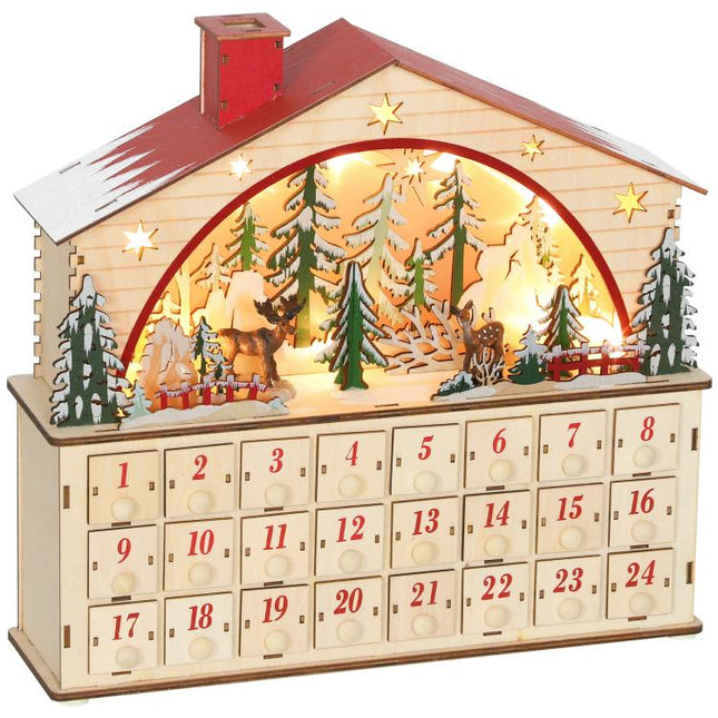 Calendrier de l'Avent lumineux, calendrier de l'Avent à remplir, 24 tiroirs, scène de village, 36x10x34cm, bois naturel