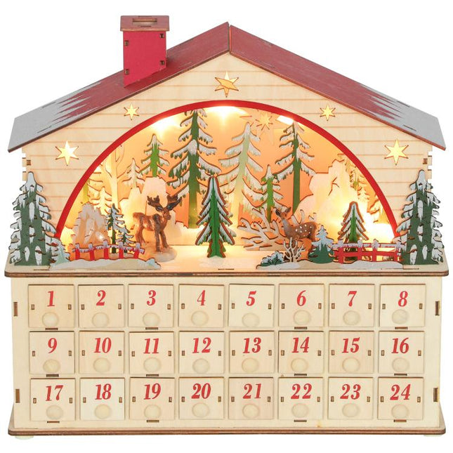 Calendrier de l'Avent lumineux, calendrier de l'Avent à remplir, 24 tiroirs, scène de village, 36x10x34cm, bois naturel