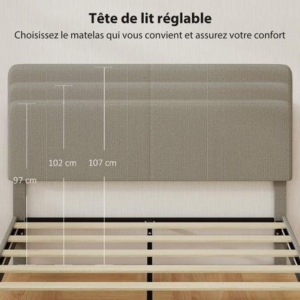 160 x 200 cm bed frame, wooden slatted base, adjustable headboard, corduroy-upholstered double bed, grey