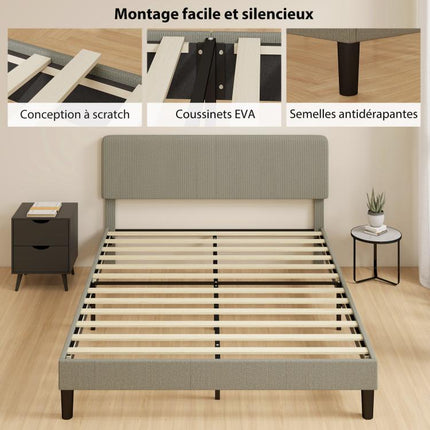 160 x 200 cm bed frame, wooden slatted base, adjustable headboard, corduroy-upholstered double bed, grey