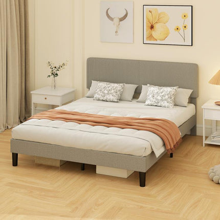 160 x 200 cm bed frame, wooden slatted base, adjustable headboard, corduroy-upholstered double bed, grey
