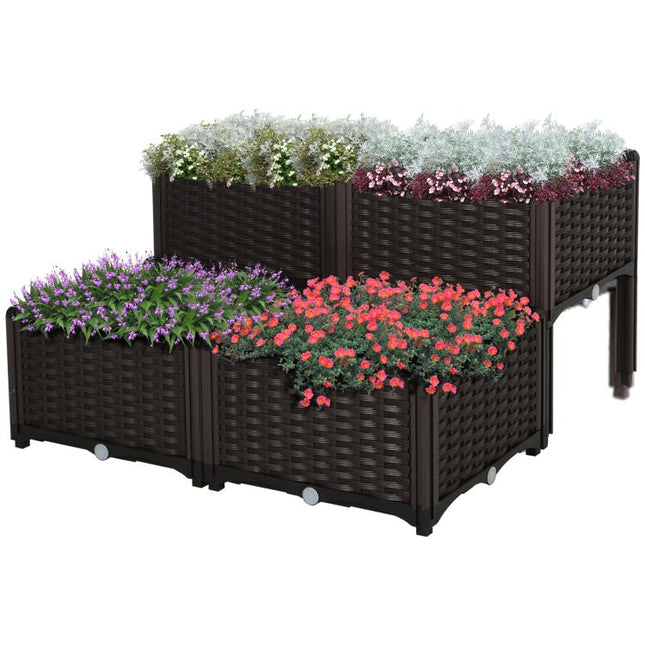 Set of 4 26L Garden Raised Bed Elevated Patio Flower Plant Planter Box PP Vegetables Planting Container, Brown