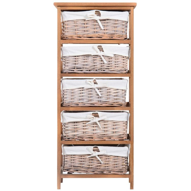 5 Drawer Dresser Wicker Basket Storage Shelf Unit Wooden Frame Home Organisation Cabinet Bedroom Office Furniture Natural Finish