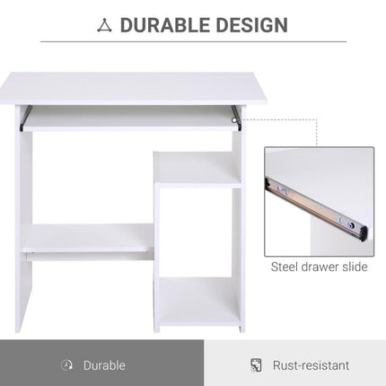 Compact Small Computer Table Wooden Desk Keyboard Tray Storage Shelf Modern Corner Table Home Office White