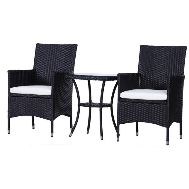 3 Pieces Rattan Bistro Set, Wicker Garden Furniture Set with 2-Tier Coffee Table and Chairs, Cushions, for Outdoor Patio Balcony, Black