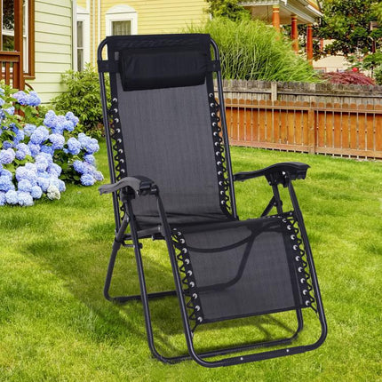 Zero Gravity Chair Metal Frame Texteline Armchair Outdoor Folding and Reclining Sun Lounger with Head Pillow for Patio Decking Gardens Camping, Black