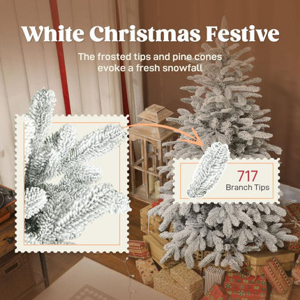 5 ft Artificial Flocked Christmas Tree with 717 Branches, Hinged Xmas Tree with Foldable Metal Stand, Easy Assembly for Home Office Decor