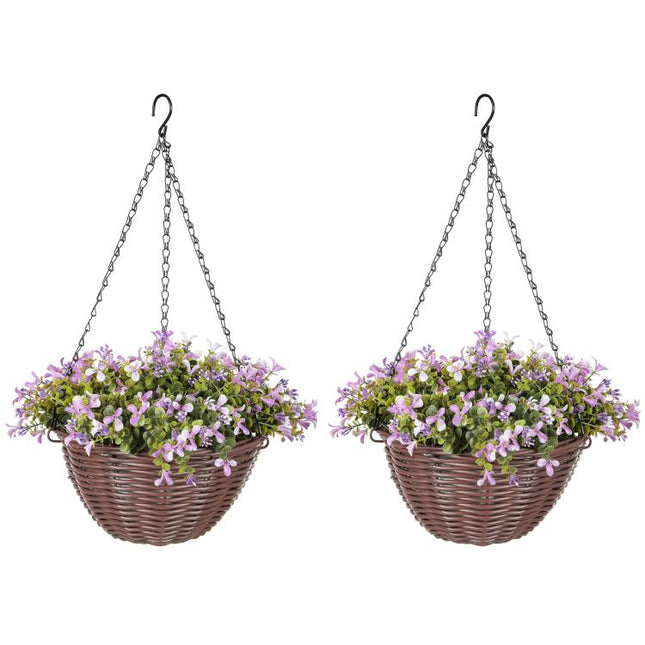 Artificial Flowers in Basket Set of 2, Artificial Hanging Baskets with 75 Leaves and 15 Flowers in Pot, Decorative Plant for Home Office Decor, Purple