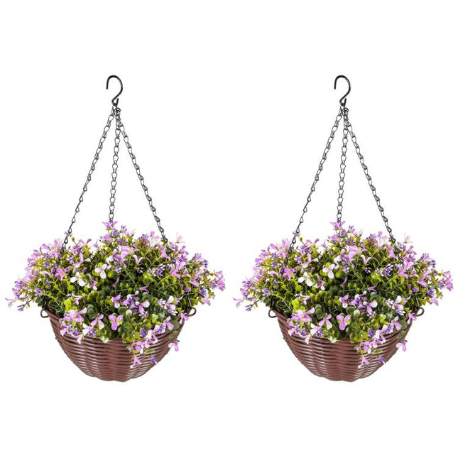 Artificial Flowers in Basket Set of 2, Artificial Hanging Baskets with 75 Leaves and 15 Flowers in Pot, Decorative Plant for Home Office Decor, Purple