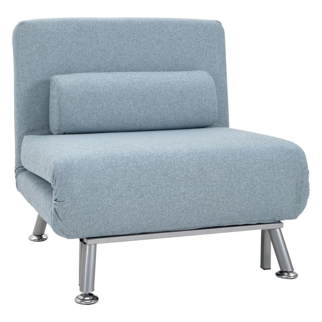 Single Sofa Chair Bed, Linen Fabric 3-in-1 Convertible Sleeper Chair with 5-Position Adjustable Backrest, 75cm Wide Seat, Pillow for Living Room, Bedroom, Sky Blue