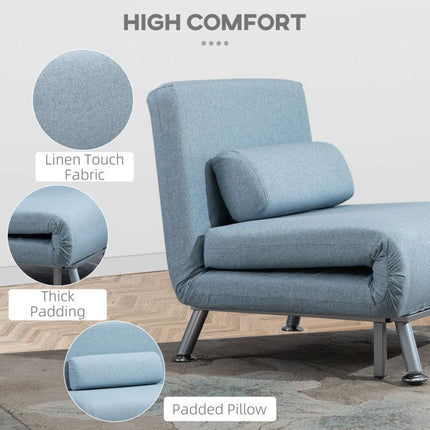 Single Sofa Chair Bed, Linen Fabric 3-in-1 Convertible Sleeper Chair with 5-Position Adjustable Backrest, 75cm Wide Seat, Pillow for Living Room, Bedroom, Sky Blue