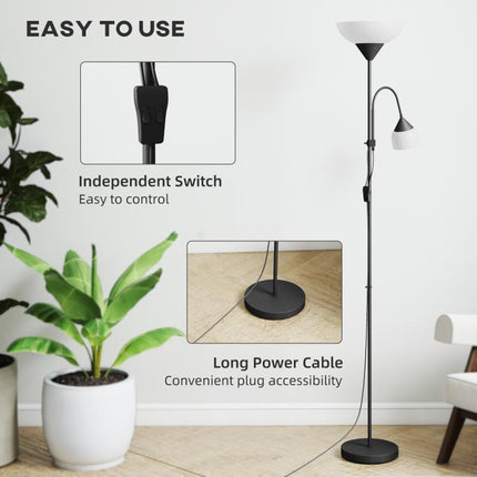 LED Floor Lamp for Living Room, 180cm Tall Standing Lamp, Mother and Child Uplighter with Adjustable Gooseneck, Black