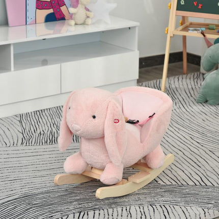 Kids Rocking Rabbit, Plush Rocking Horse Ride-On w/ Sound, Wood Base, Seatbelt, for Ages 18-36 Months, Pink