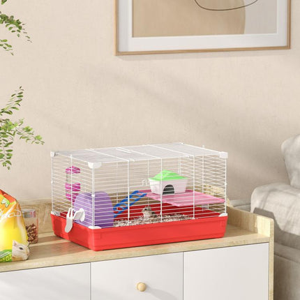 Hamster Cage, Small Gerbil Cage 2 Tiers Portable w/ Handle, Exercise Wheel, Water Bottle, Dishes