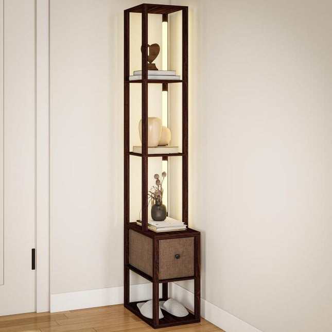 Floor Lamp with Shelves, LED Column Modern Standing Lamp with Fabric Drawer, Adjustable Brightness, Foot Switch for Living Room, Bedroom, Office, Dark Brown