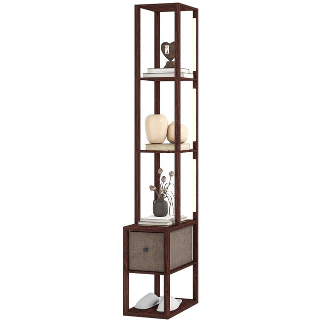 Floor Lamp with Shelves, LED Column Modern Standing Lamp with Fabric Drawer, Adjustable Brightness, Foot Switch for Living Room, Bedroom, Office, Dark Brown