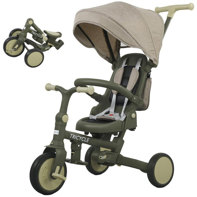 5 in 1 Kids Trike with Adjustable Backrest, Toddler Tricycle with Push Handlebar, Adjustable Backrest, Dark Green
