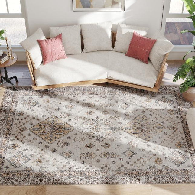 Vintage Area Rug, Non-Slip Washable Rug, Flannel Floor Carpet for Living Room, Bedroom, Dining Room, Home Office, 290 x 200 cm, Beige