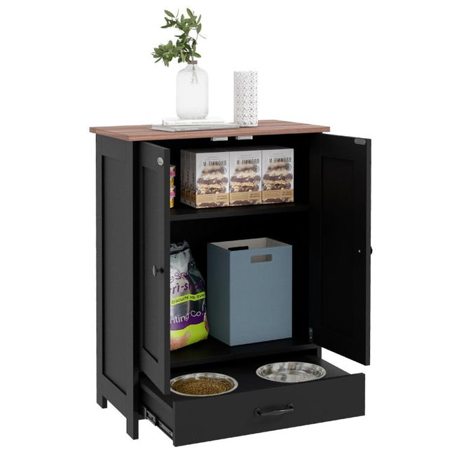Pet Feeding Station with Raised Dog Bowls, Adjustable Panel, Hooks, Black
