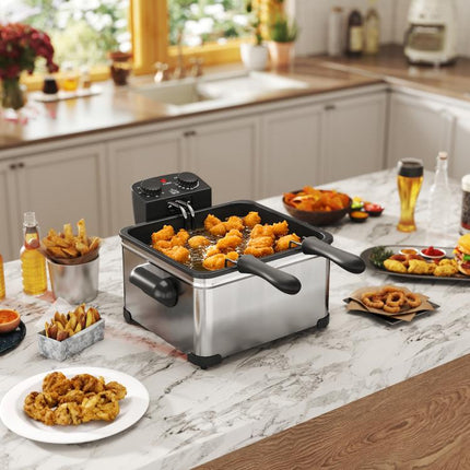 5 Litre Deep Fat Fryer Stainless Steel with Adjustable Temperature, 60min Timer, Removable Oil Basket, Viewing Window and Safety Cut Out, 2000W