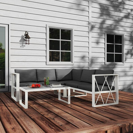 Four-Piece L Shaped Garden Furniture Set with 5-Level Adjustable Lounger - Grey